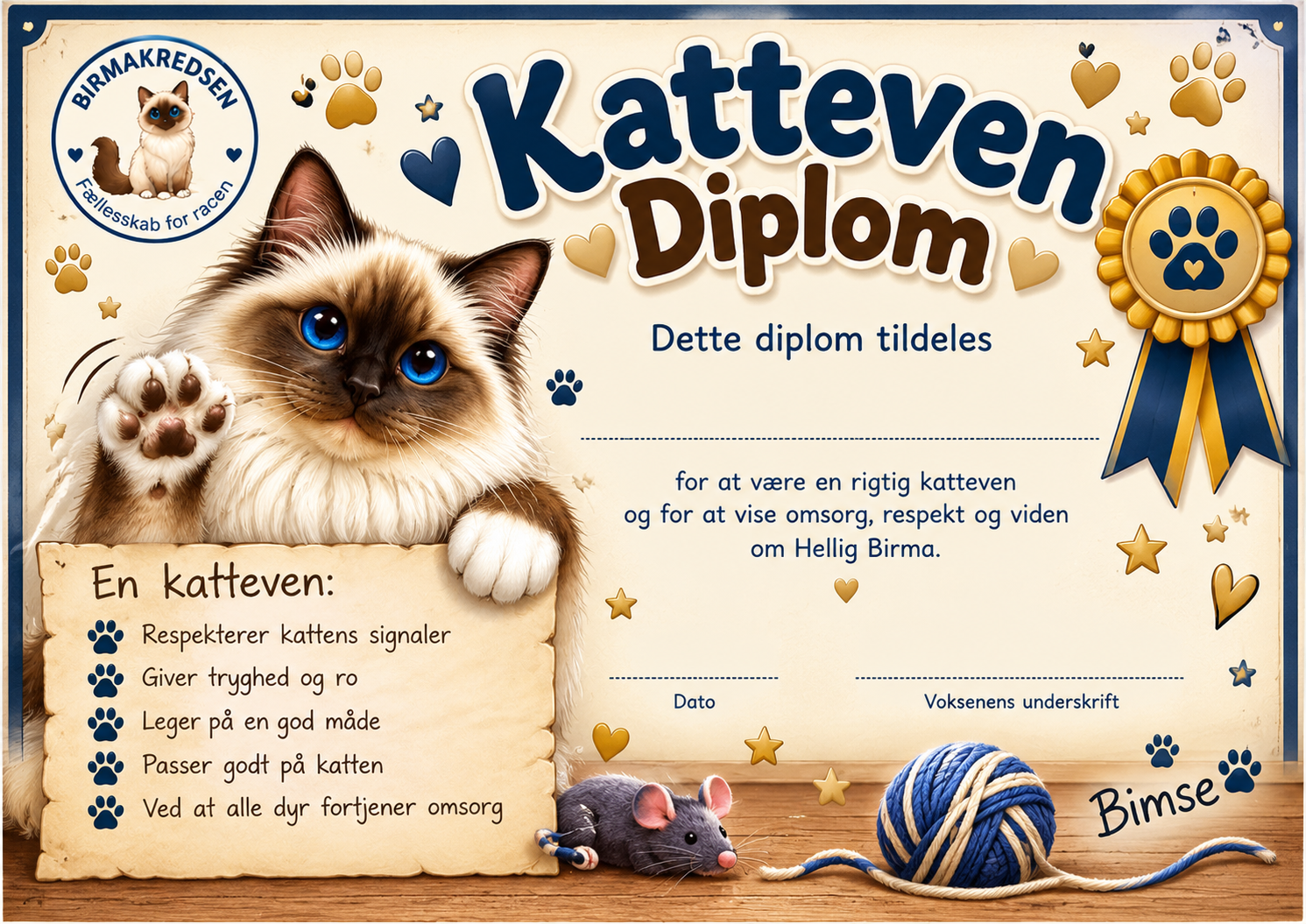 Bimses farverige katteven-diplom med Birmakredsens logo, plads til navn og underskrift