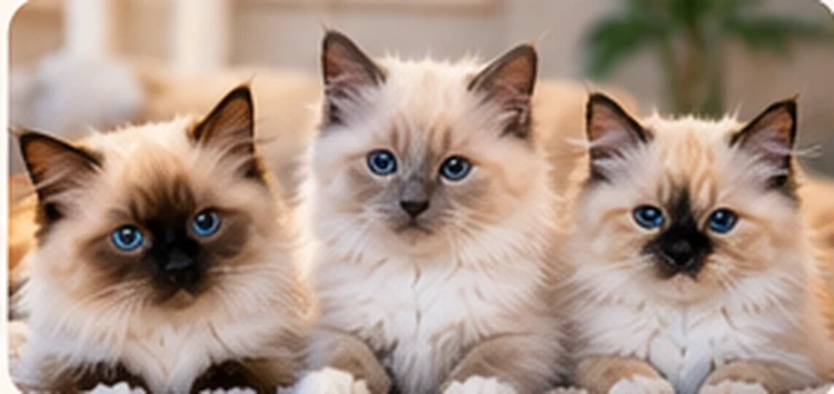 Tre Hellig Birma-katte med forskellige maskefarver