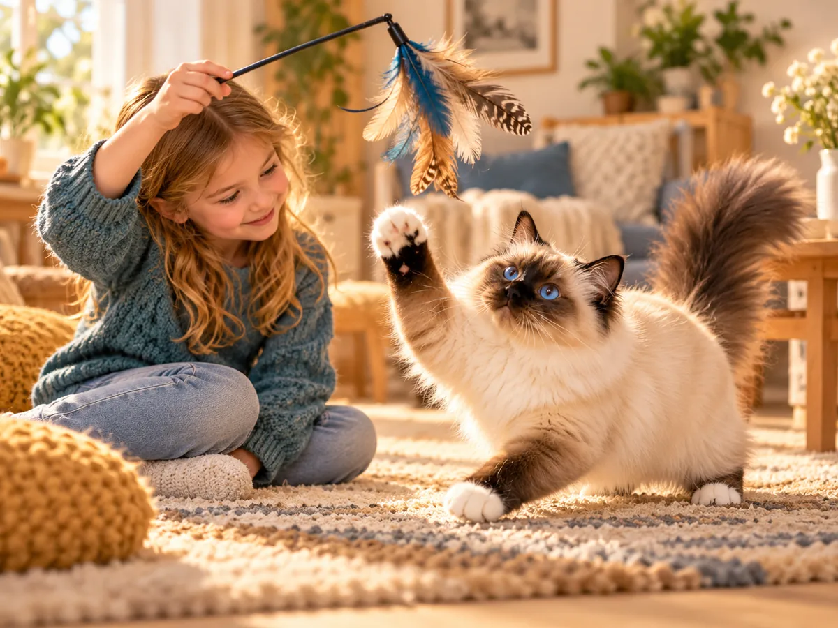Enfant jouant avec un chat Sacré Birman et des jouets pour chat sans danger
