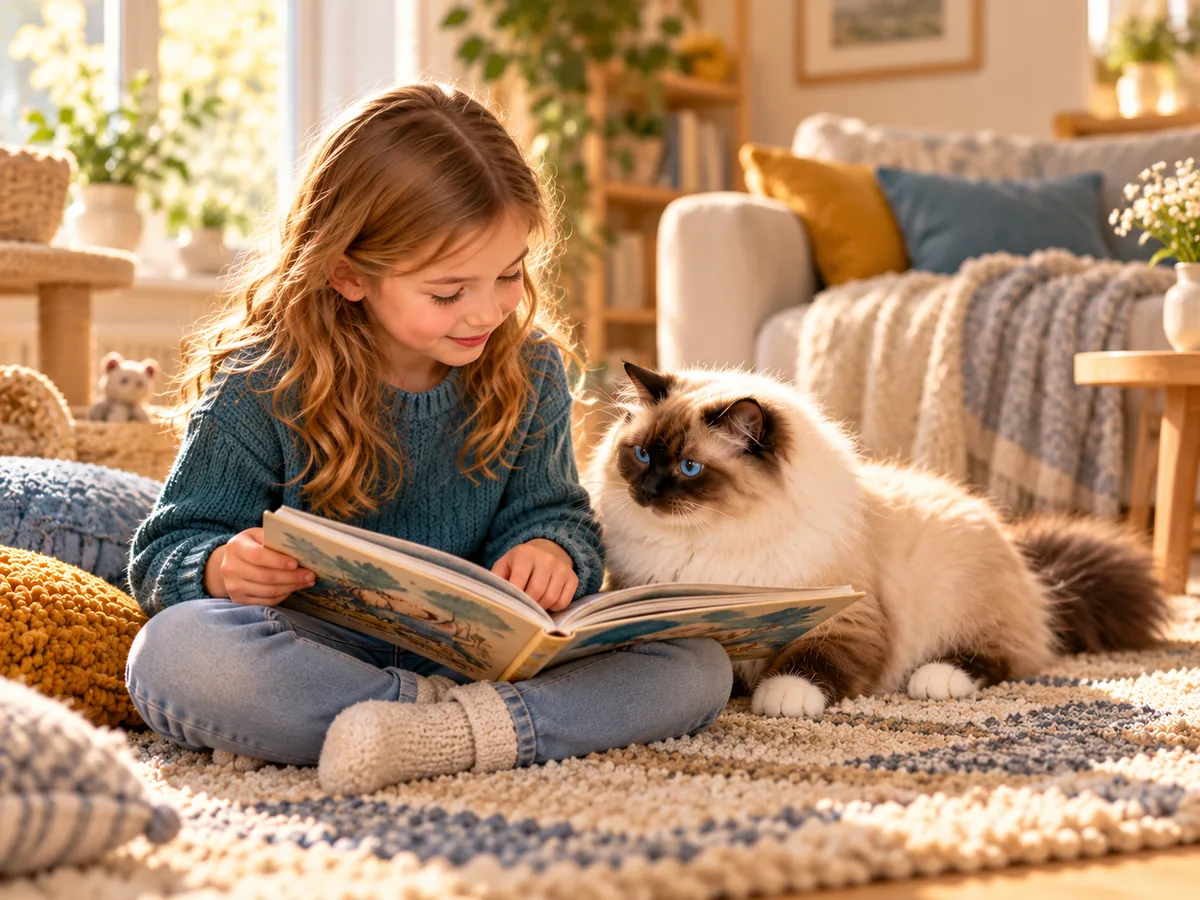 Child reading next to a Sacred Birman