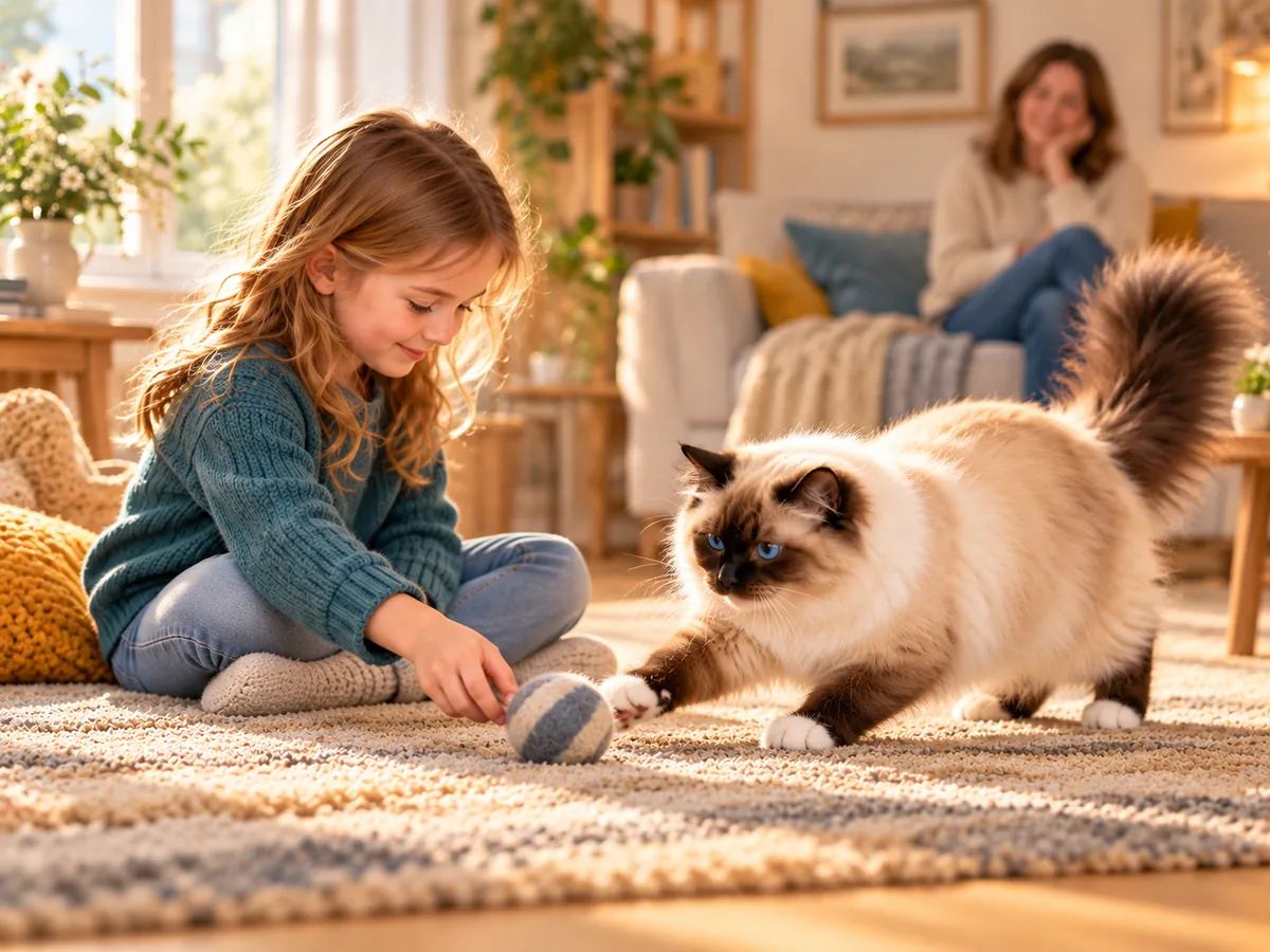 Un enfant joue calmement avec un Birman sacré aux yeux bleus