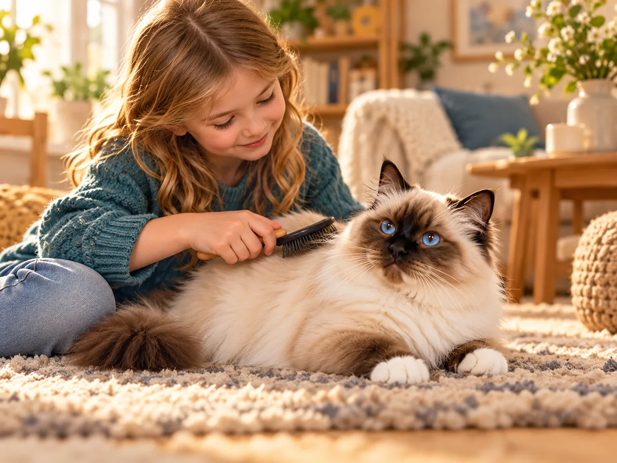 Enfant et Birman sacré se détendant ensemble