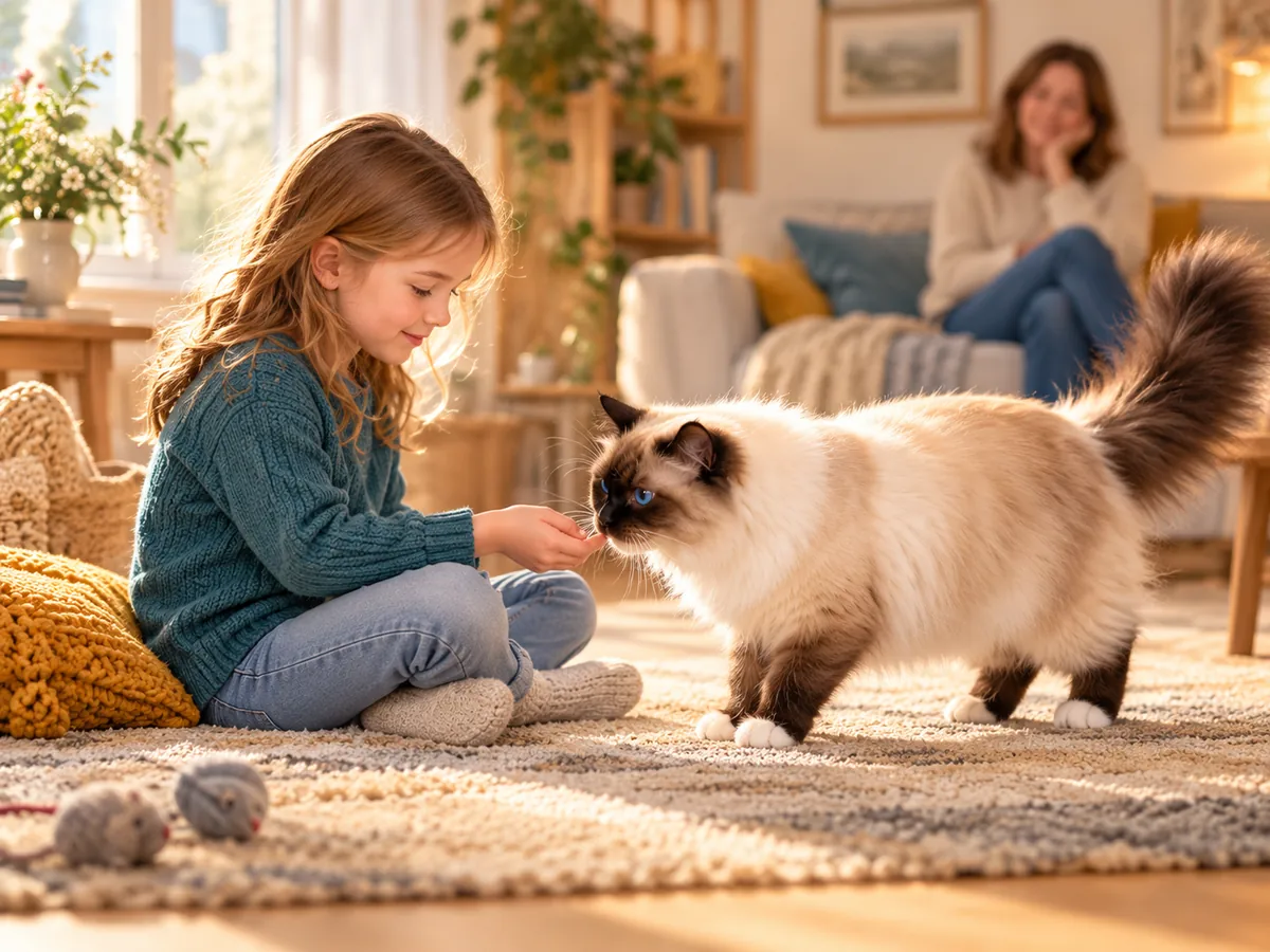 Child and Holy Birman in a cozy home
