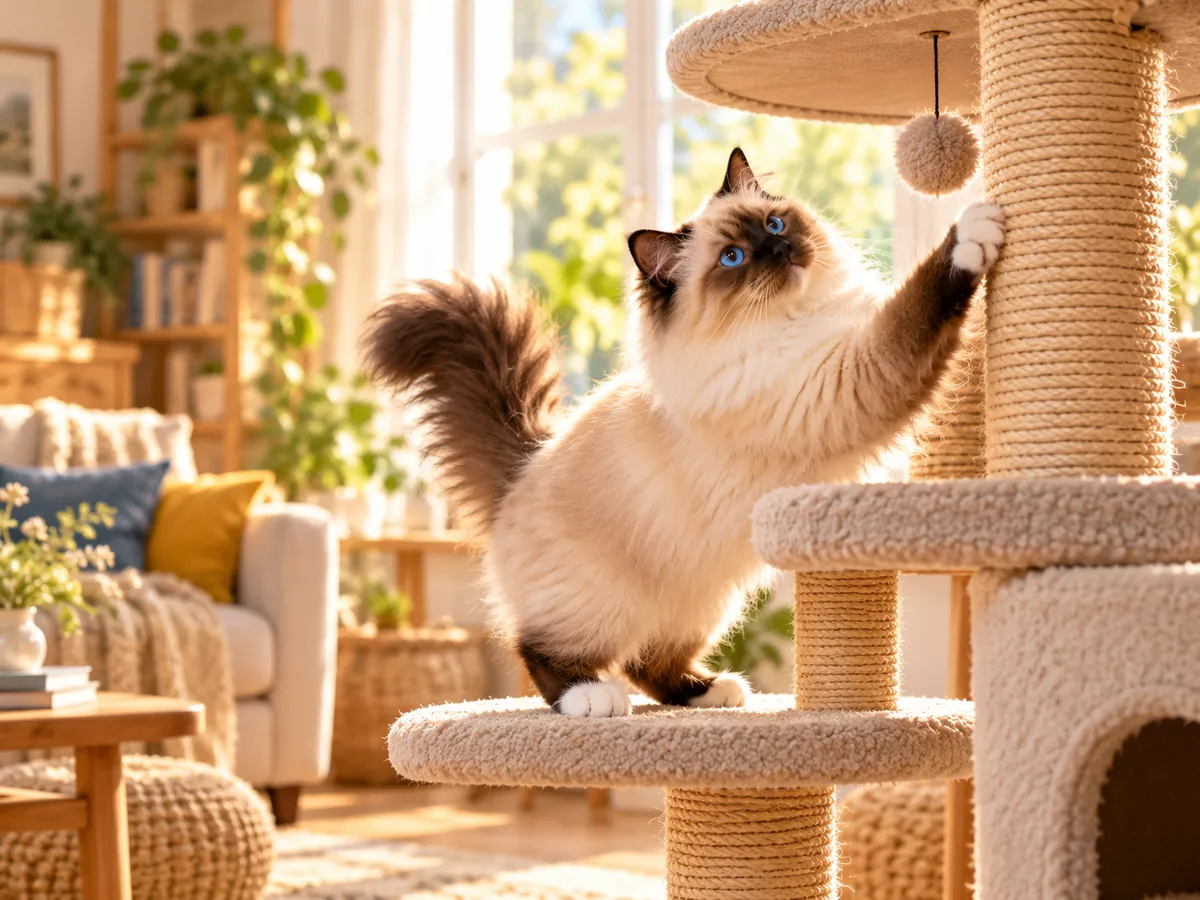 Sacred Birman utilise un arbre à gratter et à escalader