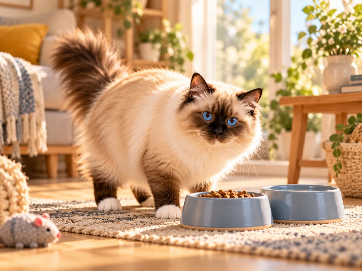 Sacré Birman près de la gamelle d'eau et de nourriture