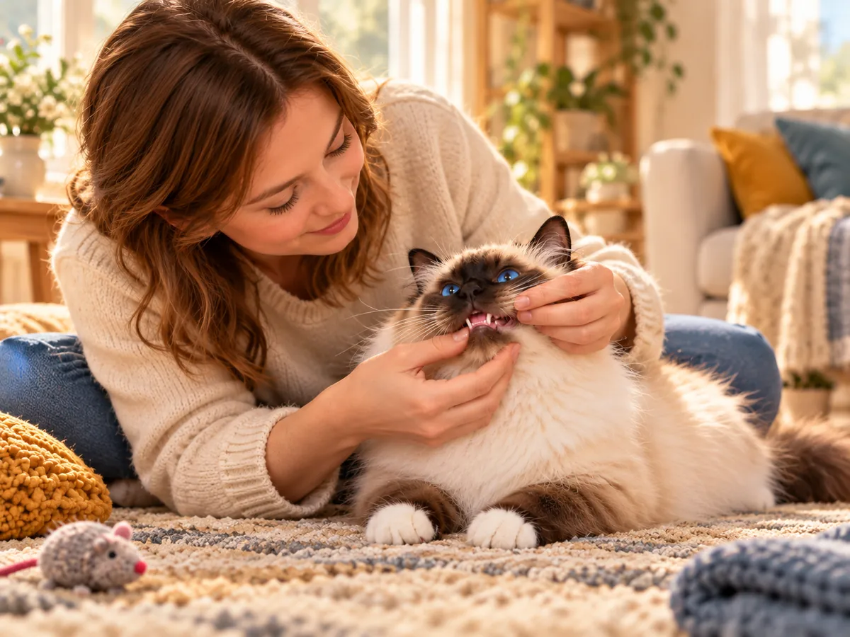 Sacred Birman gets his teeth checked