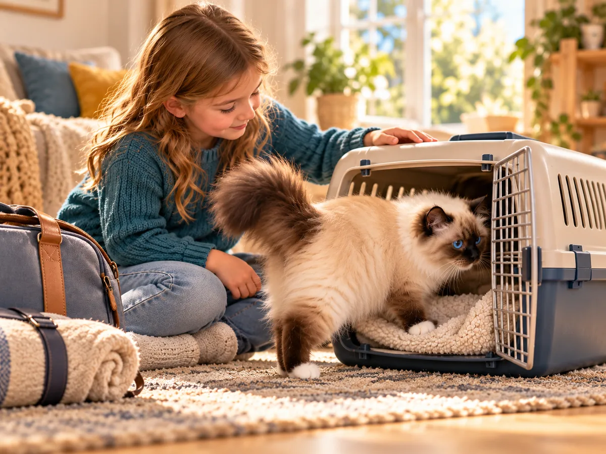 Sacred Birman enters an open transport box