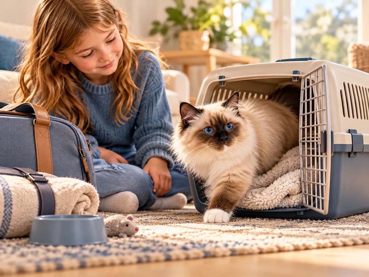Saint Birman examinant sa boîte de transport