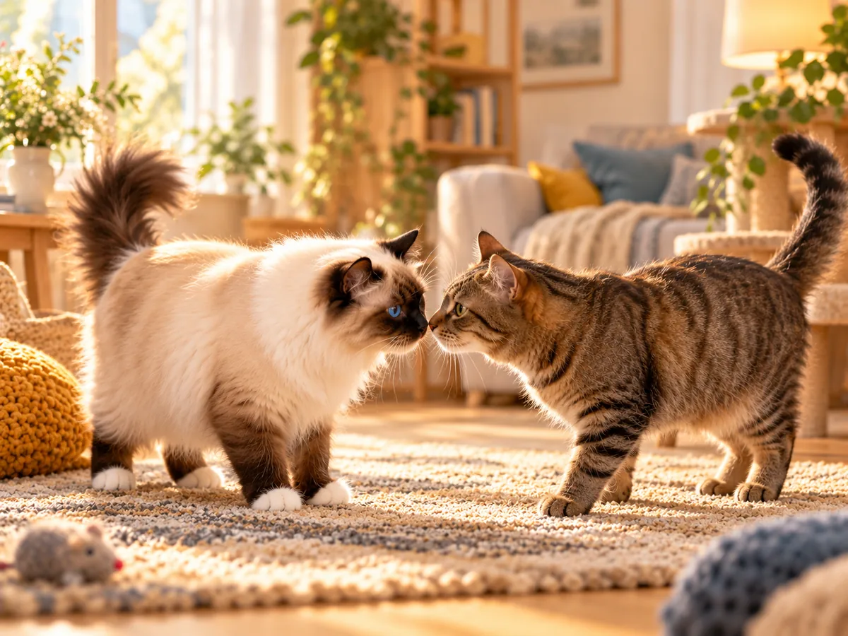 Deux chats se saluent calmement.