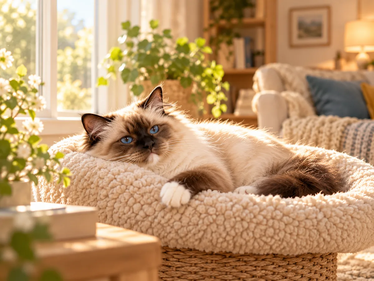 Sacred Birman rests safely in his bed