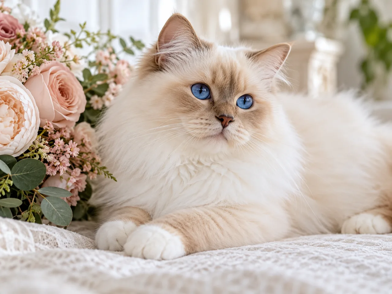 Fotorealistisk AI-illustration af en blåøjet kat ved blomsterdekorationer.