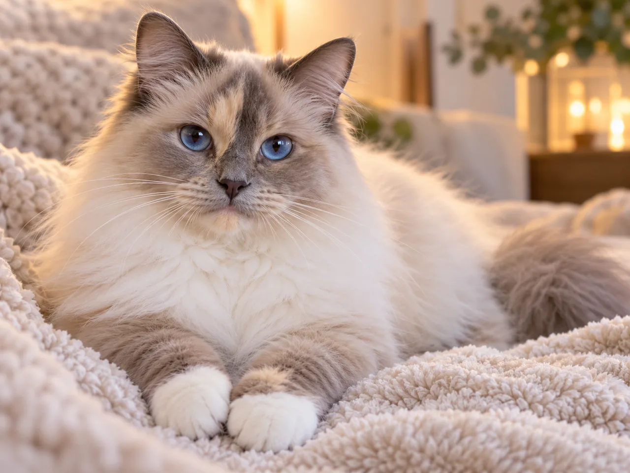 Fotorealistisk AI-illustration af en tortiemasket, blåøjet kat på et blødt tæppe.