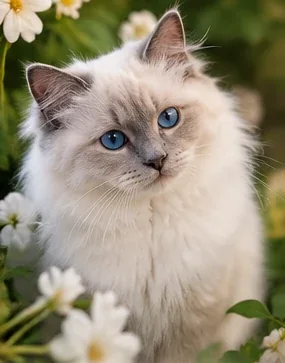 Fotorealistisk AI-illustration af lysmasket kat i blomster.