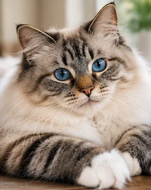 Fotorealistisk AI-illustration af tabbymasket kat med hvide poter.
