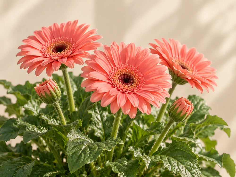 Illustreret kat ved blomster og græs