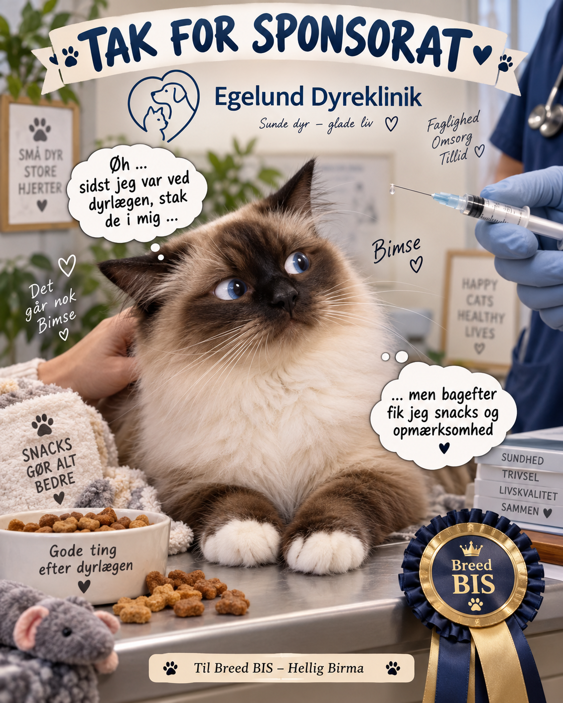 Bimses sponsorgrafik med tak til Egelund Dyreklinik for sponsorat til Breed BIS.