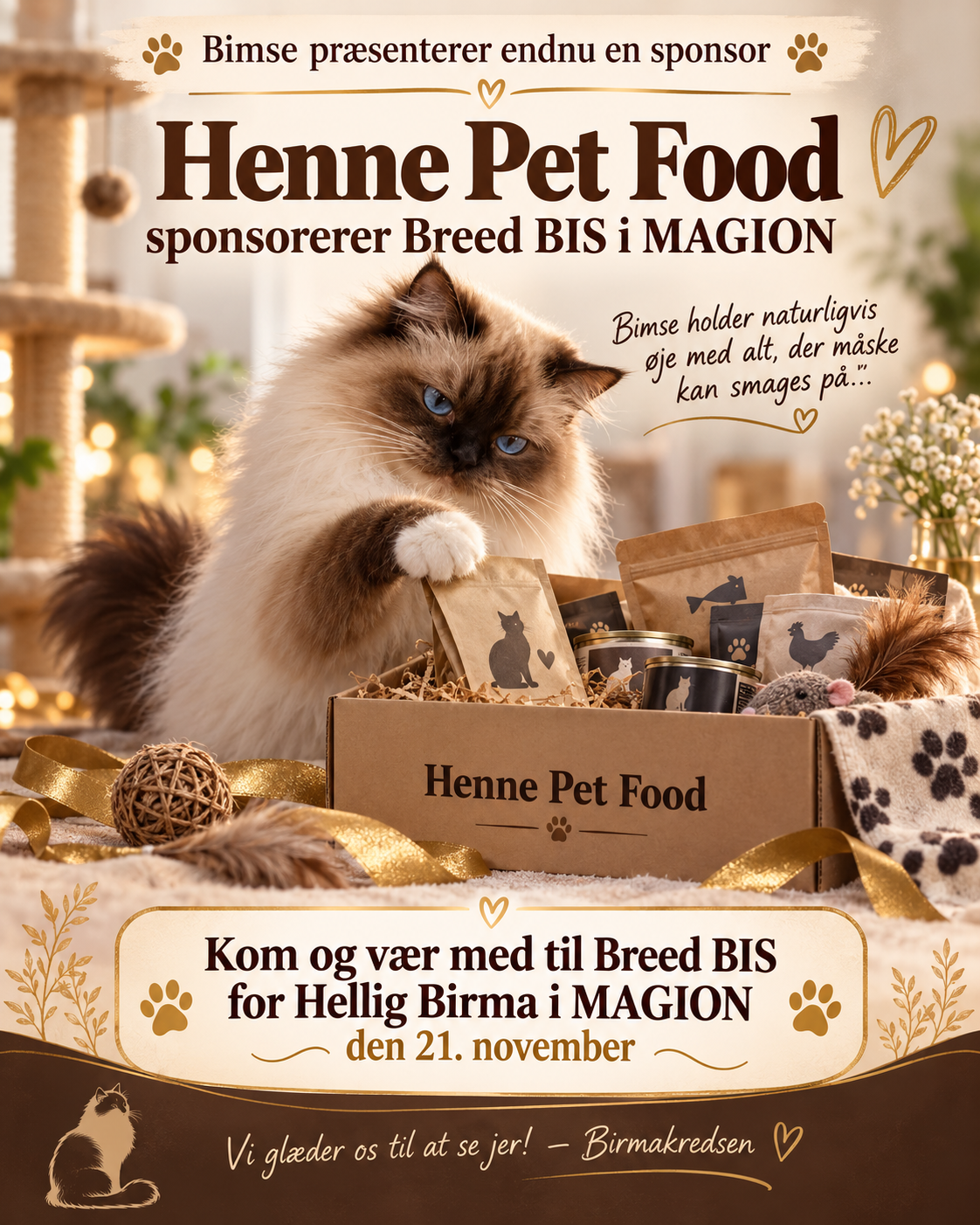 Bimses sponsorgrafik med tak til Henne Pet Food for sponsorat til Breed BIS Hellig Birma i MAGION.