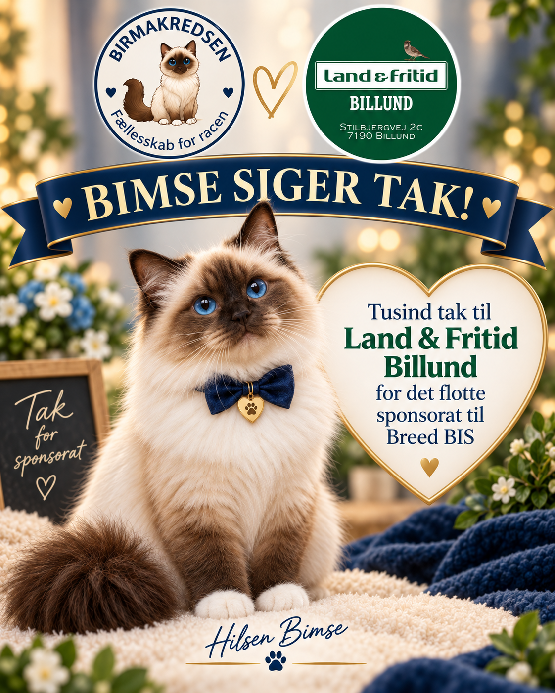 Bimses sponsorgrafik med tak til Land & Fritid Billund for sponsorat til Breed BIS.