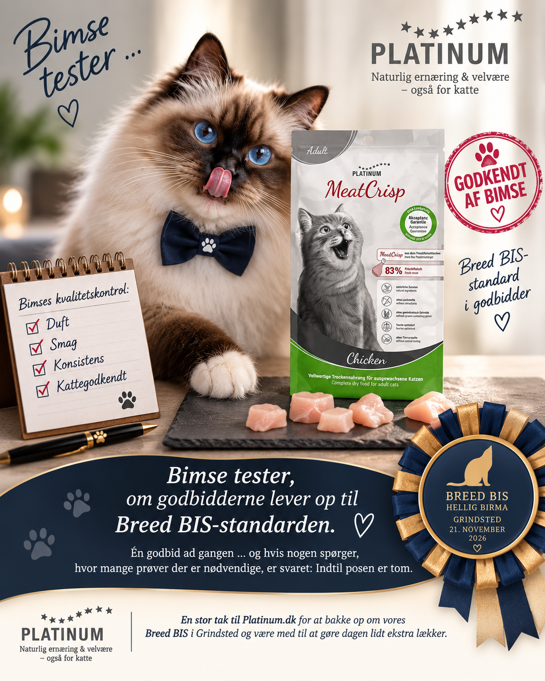 Bimses sponsorgrafik med PLATINUM MeatCrisp og Bimses Breed BIS-kvalitetskontrol.