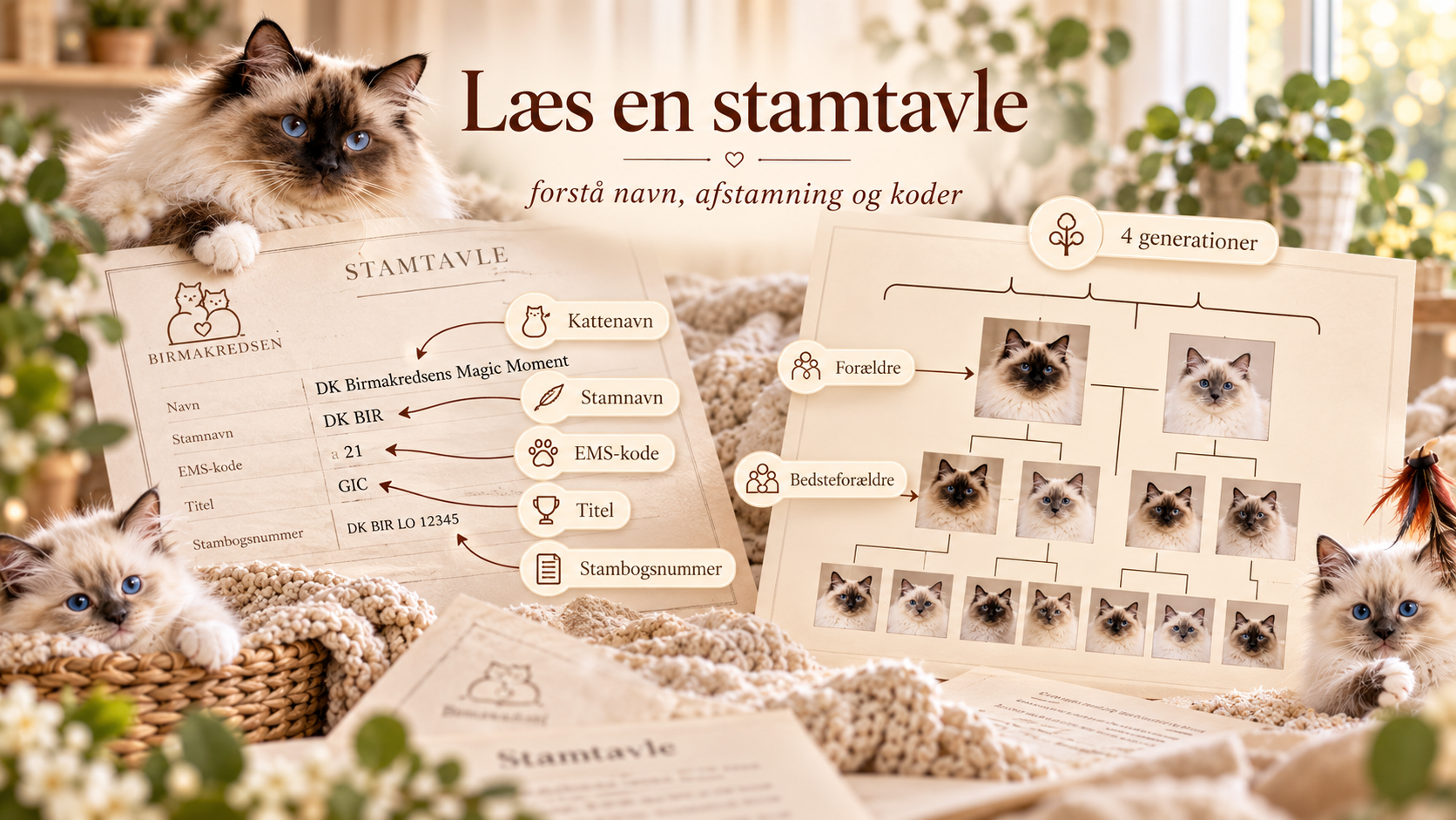 Visuel guide til at læse en stamtavle for Hellig Birma